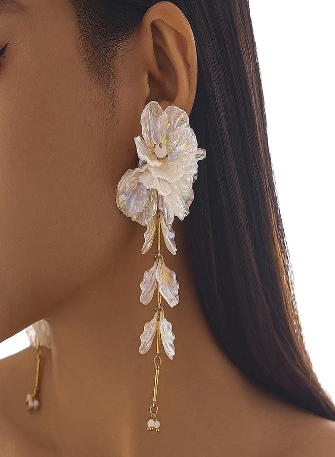 WFik 1Pair Vintage Big Flower Long Tassel Drop Earrings - Summer Boho Floral Crystal Shell Stud Earrings - White Alloy Metal - Female - Medium Size - Post Setting - Dangle Design - Wedding Occasion - Image 3